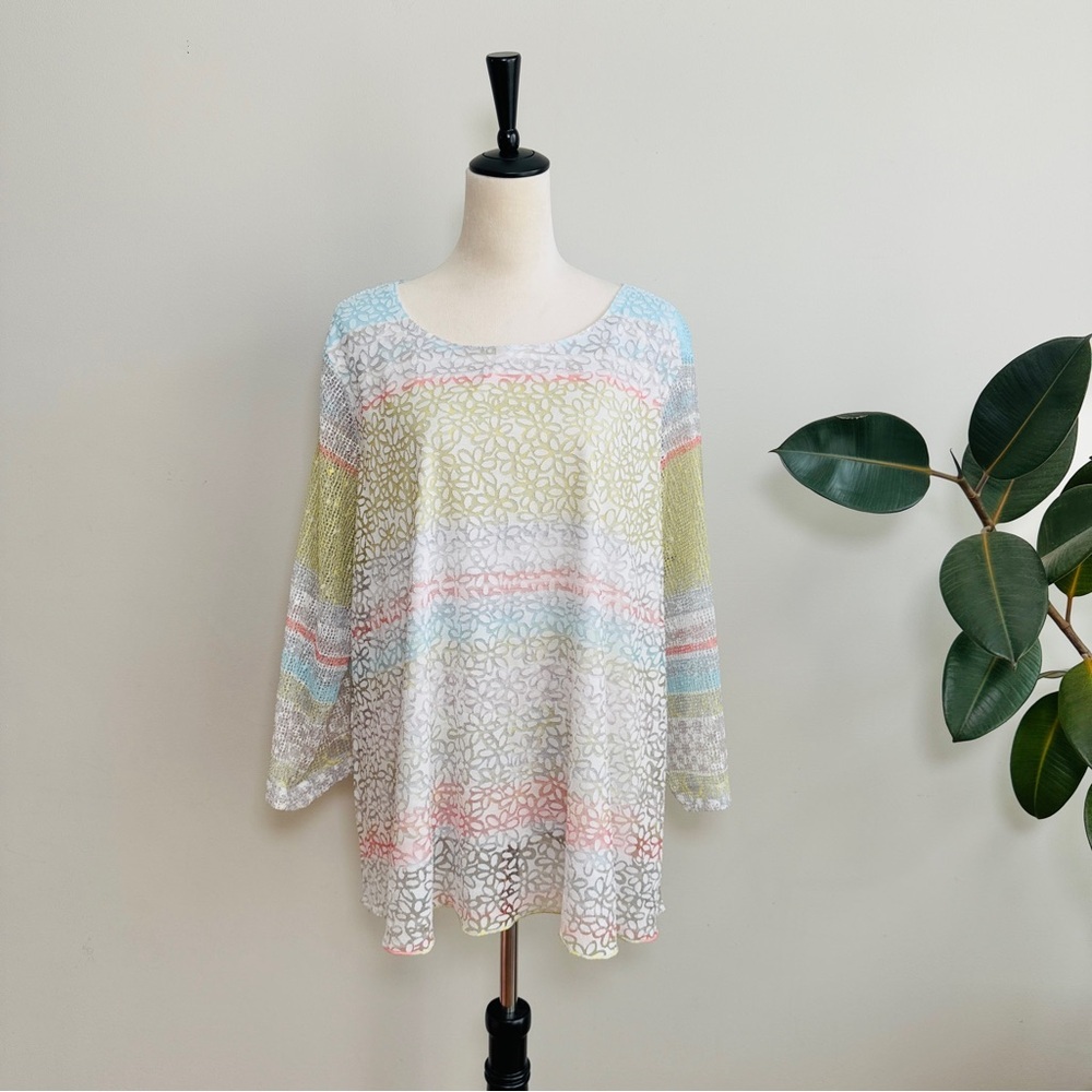 Ali Miles layered floral striped sheer sleeves top